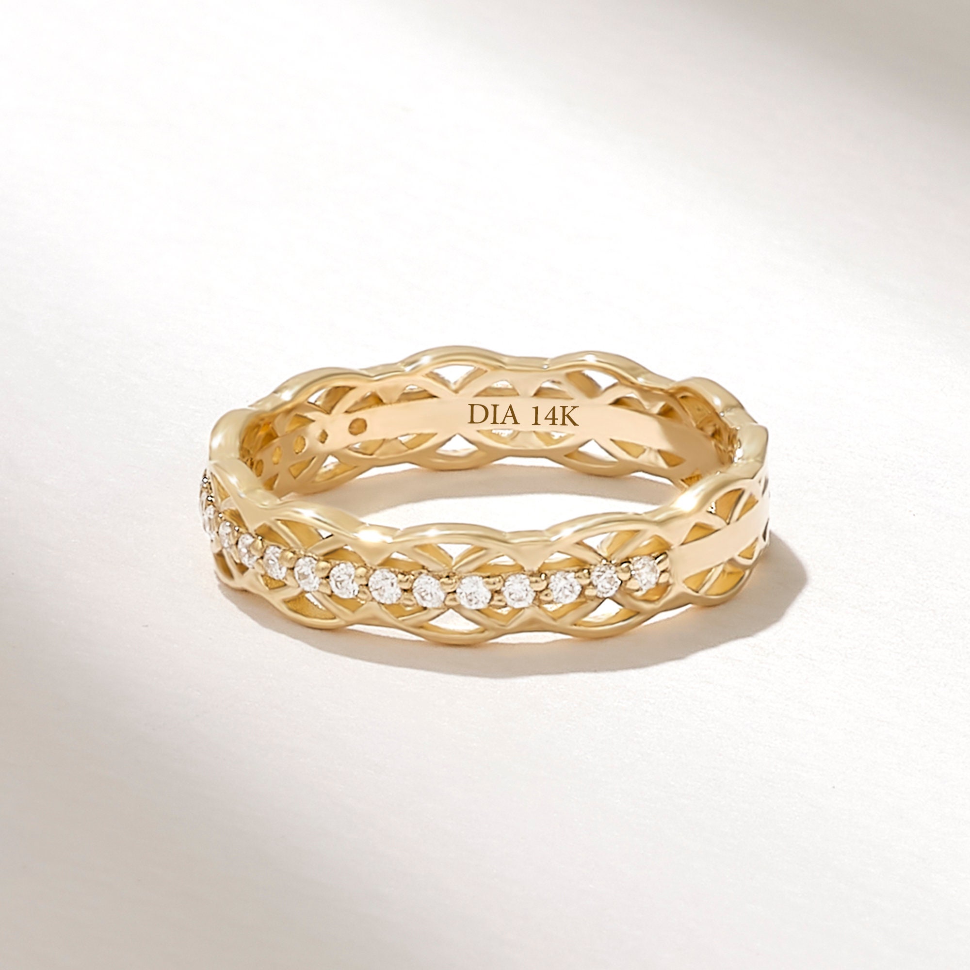 14k Solid Gold Diamond Celtic Knot Wedding Band, Half Eternity Ring for Women, Irish Jewelry Ring, Unique Bridal Anniversary Gift