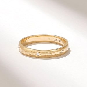 14K Solid Gold Wedding Band, Celestial Starry Night Dome Ring for Women, Star Set Diamond Constellation Band, Unique Anniversary Gift Her