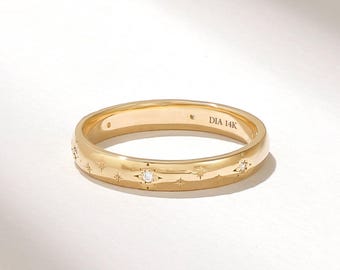 14K Solid Gold Wedding Band, Celestial Starry Night Dome Ring for Women, Star Set Diamond Constellation Band, Unique Anniversary Gift Her