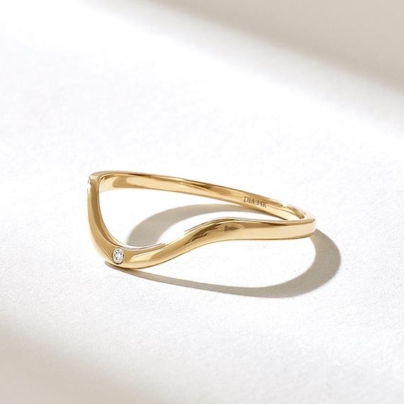 14k Solid Gold Curved Wedding Band for Women, Bezel Diamond Enhancer Ring, Dainty Arch Contour Stackable Ring, 10k 18k Nesting Gift