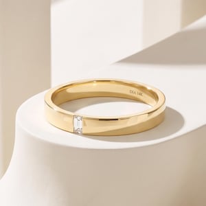 14K Solid Gold Baguette Diamond Wedding Band – Flat 3mm Unisex Ring