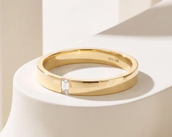 14K Solid Gold Baguette Diamond Wedding Band – Flat 3mm Unisex Ring