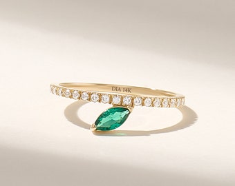 Marquise Emerald Leaf Ring 14k Solid Gold Stacking Ring Wedding Ring Enhancer for Women Green Gemstone Promise Ring Pave Real Diamond Ring