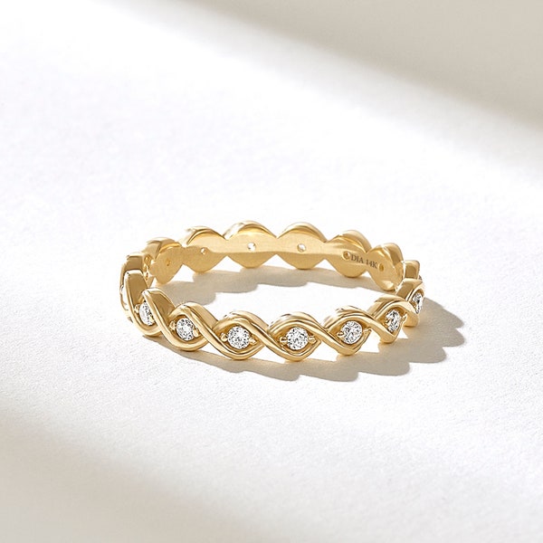 Braided Bezel Diamond Wedding Ring, 14k Womens Eternity Band, Solid Gold Minimalist Twist Ring, Unique Bridal Stack Ring, Handmade Jewelry