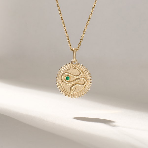 14k Snake Coin Necklace, Solid Yellow Gold Statement Necklace with Emerald, Custom Birthstone Ouroboros Disc Pendant, Her Medallion Necklace