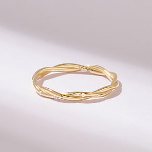 14k Solid Gold Pave Slim Twisted Band, Simple Micro Diamond Wedding Ring, Minimalist Stack Jewelry