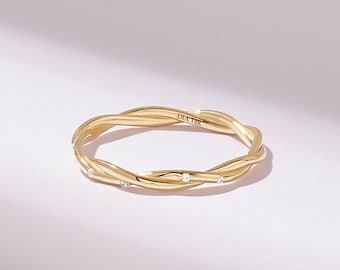 14k Solid Gold Pave Slim Twisted Band, Simple Micro Diamond Wedding Ring, Minimalist Stack Jewelry