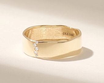 14K Gold Wavy Wedding Band, Wide Gold Ring with Diamonds for Women, Chunky Irregular Bridal Band, Unique Sculptural Anniversary Gift