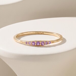 14K Solid Gold Amethyst Pavé Stackable Ring, Thin Gold February Birthstone Ring, Purple Lab Created Gemstone Ring, Gift for Women