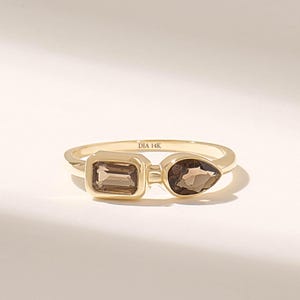 14K Solid Gold Toi Et Moi Ring, Smoky Grey East West Engagement Ring Women