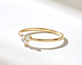 Tiny Diamond Trefoil Ring | 14k 18k 10k Solid Gold Promise Ring Women | Simple Stacking Ring |Small Diamond Everyday Ring| Ladies Pinky Ring