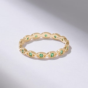 Aliança de casamento Art Déco com esmeralda, em ouro maciço 14K, minimalista, com pedra preciosa verde lisa, conjunto de alianças femininas, feita à mão.