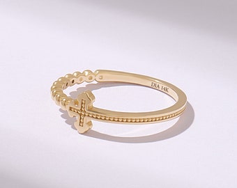 14k Solid Gold Cross Ring, Minimalist Beaded Band Ring, Womens Religious Wedding Ring,Christianity Symbol Ring, Crucifix Marriage Ring