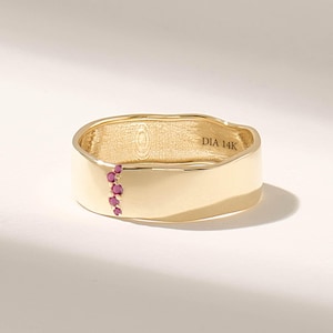 14K Solid Gold Ruby Wedding Band – Wavy Pave Ruby Cigar Ring for Women