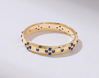 Sapphire Wedding Band Womens 14k Gold Ring Dainty Marriage Ring Solid Gold Pave Sapphire Band Stacking Ring Anniversary Gift Ring for Her