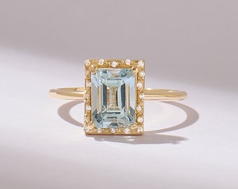 14k Solid Gold Aquamarine Halo Anniversary Ring, Accented Engagement Ring Women, Emerald Cut Light Blue Gemstone Solitaire Ring, Handmade