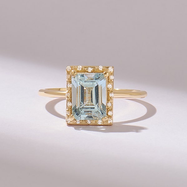 14k Solid Gold Aquamarine Halo Anniversary Ring, Accented Engagement Ring Women, Emerald Cut Light Blue Gemstone Solitaire Ring, Handmade