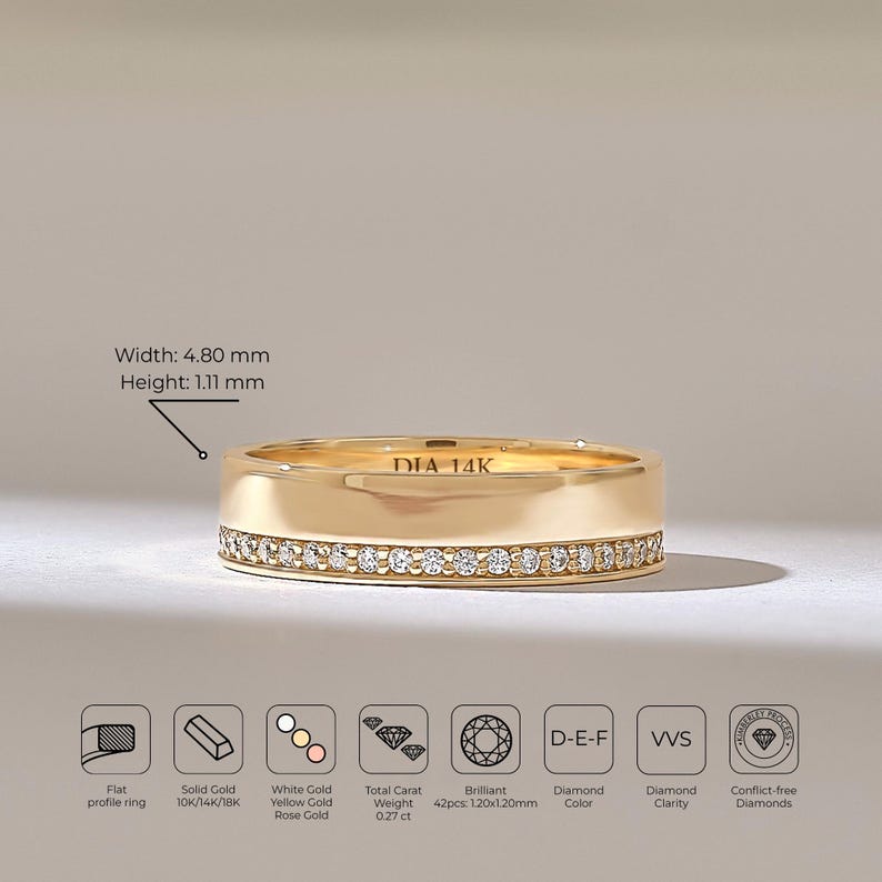 Alianza de boda con diamantes de laboratorio en oro macizo de 14k / Anillo plano de 4,8 mm con pavé en una cara / Joyería nupcial minimalista imagen 7