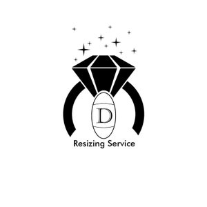 Könnte beinhalten: Schwarz-weiß-Illustration eines Diamantrings mit einem Buchstaben D im Diamanten. Der Ring ist von kleinen Sternen umgeben. Der Text "Resizing Service" befindet sich unter dem Ring.