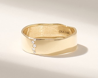 14k Solid Gold Wavy Diamond Wedding Band • Unique Pave Cigar Ring for Women • Sculpted Statement Jewelry Gift for Wife or Birthday