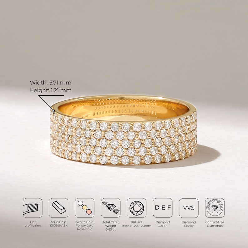 May include: A gold band ring with a row of small diamonds set in each of the five bands. The ring is 5.71 mm wide and 1.21 mm high. The diamonds are brilliant cut and have a D-E-F color and VVS clarity. The diamonds are conflict-free.