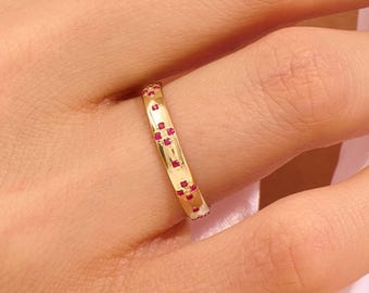 Alianza de boda con rubí, anillo de oro macizo con rubí, alianza de rubí pavé para mujer, anillo de matrimonio de oro de 14k, anillo de boda apilable con rubí, anillo de joyería con rubí