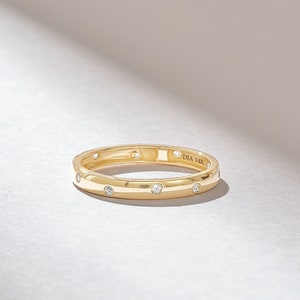 Scattered Diamond Wedding Band, 14k Solid Gold Minimalist Eternity Ring, Womens Classic Band with Bezel Real Diamond, Handmade Unique Ring