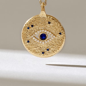 14k Solid Gold Naszyjnik Złe Oko, Szafir i Diament Wisiorek Trzecie Oko dla Kobiet, Delikatny Naszyjnik Dysk, Prezent Urodzinowy dla Mamy lub Żony