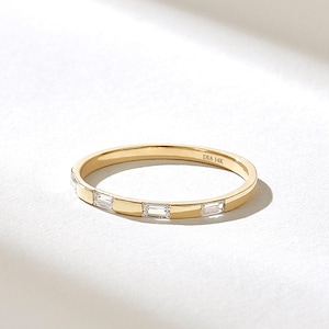 14K Solid Gold Baguette Diamond Ring | Flat Wedding Band for Women | Minimalist Bar Set Diamond Ring | Dainty Stackable Eternity Band