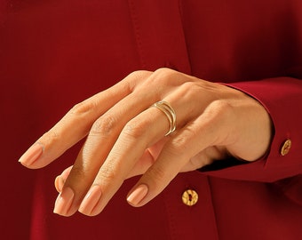 14k Solid Gold Diamond Wave Ring for Women, Dainty Abstract