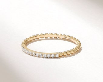 Tiny Ball Stacking Ring, 14k Gold Minimalist Wedding Ring, Pave Diamond Ring Enhancer, Solid Gold Thin Beaded Ring, Pointer Finger Rings