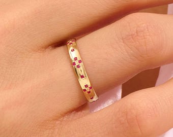 Ruby Wedding Band, Solid Gold Ruby Ring, Womens Pave Ruby Band, 14k Gold Marriage Ring, Ruby Stacking Wedding Ring, Ruby Jewelry Ring