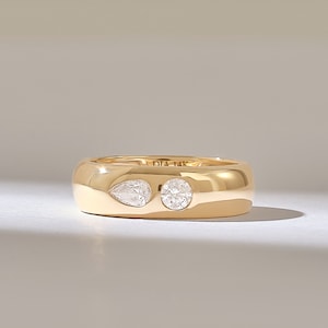 Two Diamond Dome Ring, 14k Solid Gold Chunky Wedding Band Women, 0.4CT Diamond Bombe Ring, Pear Cushion Diamond Cigar Band, Toi et Moi Ring
