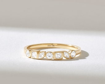 Bezel Diamond Wedding Band, Solid Gold Mixed Cut Diamond Ring, 14k Unique Bridal Engagement Ring, Real Diamond Dainty Ring, Handmade Jewelry