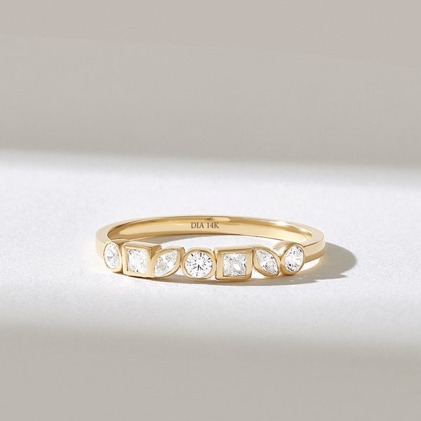 Bezel Diamond Wedding Band, Solid Gold Mixed Cut Diamond Ring, 14k Unique Bridal Engagement Ring, Real Diamond Dainty Ring, Handmade Jewelry