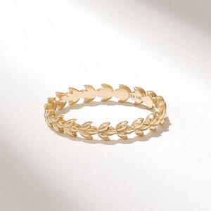 純金リーフ結婚指輪、14K 本物のゴールド製レディース用可憐なつるリング、女性用フローラルバンド、フラワー結婚指輪、重ね付けリング、オリーブリーフリング