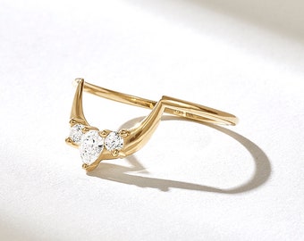 Diamond Tiara Arch Ring, 14k Dainty Nesting Ring, Solid Gold Unique Curve Wedding Ring, Women Three Stone Ring Guard, Pear Contour Ring