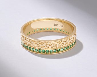Emerald Pave Eternity Ring, Solid Gold Floral Wedding Band, Flower Wedding Ring, Channel Set Emerald Ring, Unique Marriage Band for Women