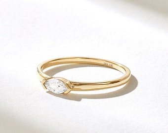 Minimalist Diamond East West Engagement Ring, 14k Solid Gold Basic Marquise Ring Women, Dainty Diamond Promise Ring, Plain Bridal Ring Gold