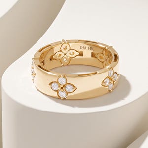Wedding Band 14K Solid Gold | Lab Diamond Flower Cigar Band | Wide Flat Quatrefoil Ring | Floral Eternity Statement Band | Luxury Gold Gift