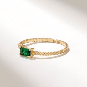 14k Solid Gold Emerald Baguette Band Ring, Twisted Green Solitaire Engagement Ring, Dainty Emerald Stacking Ring, Handmade Fine Jewelry Gift