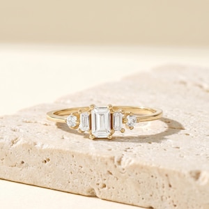 Five Stone Baguette Diamond Ring, 14K Solid Gold Art Deco Engagement Ring, Natural Diamond Anniversary Band