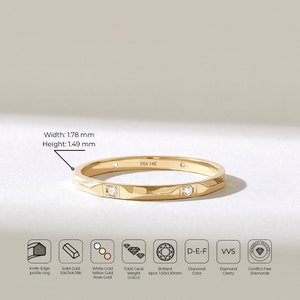 May include: A 14K yellow gold ring with a knife-edge profile, featuring two visible inset brilliant-cut diamonds. The band has a width of 1.78 mm and a height of 1.49 mm. The interior is stamped with DIA 14K, indicating solid gold construction.