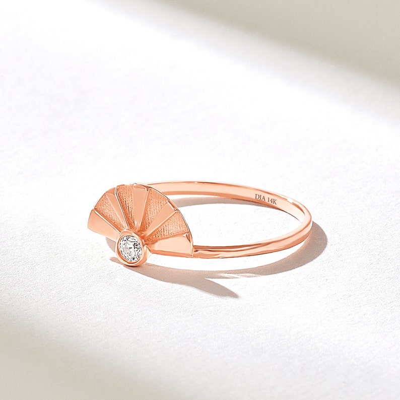 Solo Diamond Sunshine Ring Boho Sun Ring 14k 18k 10k Solid Gold Dainty Sunburst Ring Women Minimalist Celestial Ring Half Sunset Ring image 8