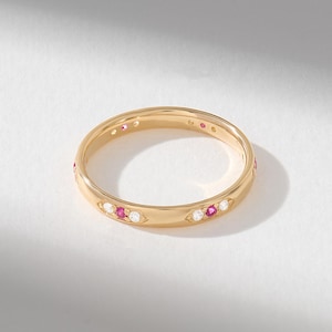 14K Solid Gold Ruby & Diamond Band Ring, Minimalist Lab Created Ruby Wedding Band, Pavé Lab Created Diamond Stackable Ring, Gift for Women