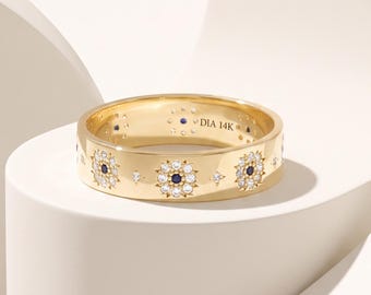 Floral Sapphire Wedding Band in 14k Solid Gold – Flower Diamond Sapphire Ring