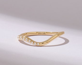 Anillo de boda de diamantes curvados, anillo de contorno de oro macizo de 14 quilates para mujer