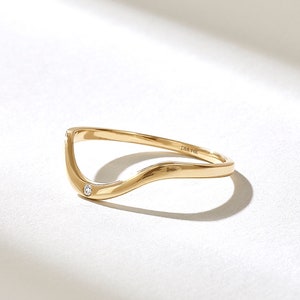 14k Solid Gold Curved Wedding Band for Women, Bezel Diamond Contour Ring, Dainty Arch Enhancer Ring, 18k Gold Nesting Stacking Jewelry Gift