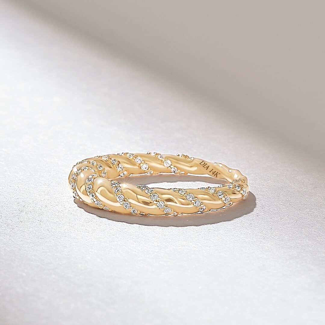 Pave Diamond Twisted Dome Ring Slim Croissant Ring 14ksolid Gold Twist
