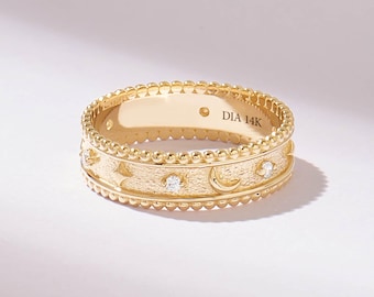 Celestial Wedding Band Women, 14K Solid Gold Moon Star Eternity Ring